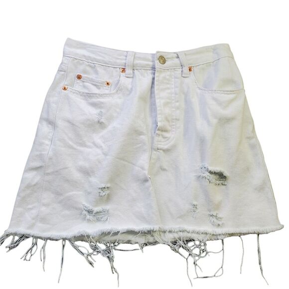 Signature8 White Button Fly Distressed Mini Short Skirt Small Pockets - Picture 1 of 7